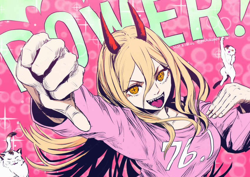 1girl, blonde_hair, cat, chainsaw_man, character_name, cross-shaped_pupils, dated, hair_between_eyes