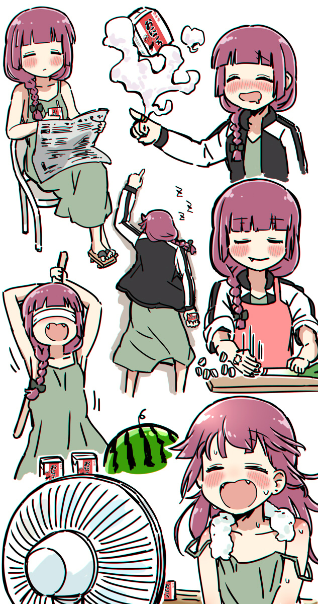 1girl, alcohol_carton, apron, black_jacket, blindfold, blush, bocchi_the_rock!, braid, chair, chromatic_aberration, closed_mouth, crossed_legs, cutting_board, don't_you_ever_stop_(meme), dress, drooling, electric_fan, fang, fang_out, fangs, food, fruit, geta, green_dress, highres, hiroi_kikuri, jacket, jewelry, long_hair, meme, mouth_drool, multiple_views, newspaper, nose_blush, open_mouth, purple_hair, ring, single_braid, sitting, sleeveless, sleeveless_dress, smoke, speed_lines, spring_onion, suikawari, sweat, toes, torako_(toramaru), towel, towel_around_neck, watermelon, white_background, zzz