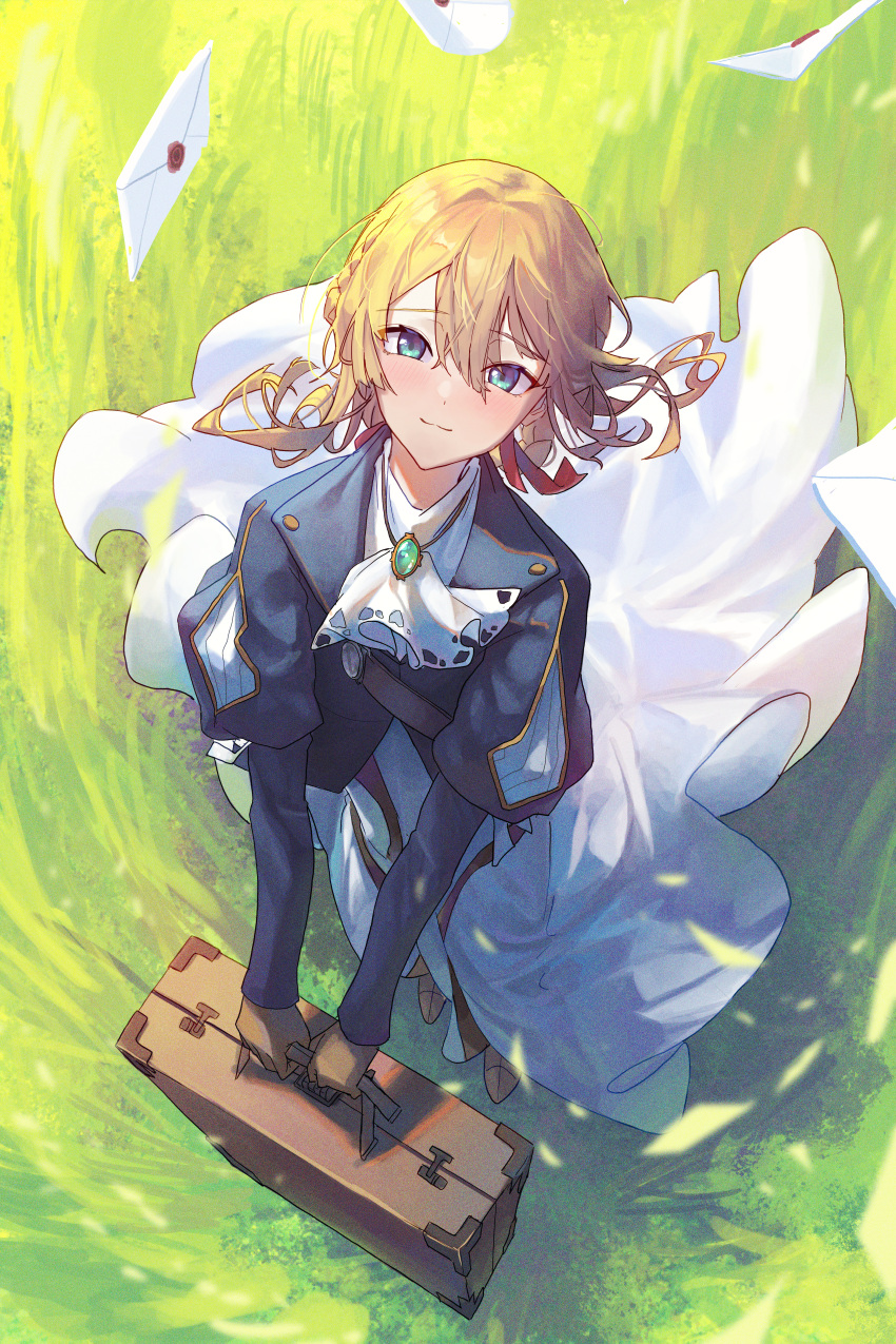 1girl, absurdres, ascot, blue_eyes, blue_jacket, braid, brown_footwear, brown_gloves