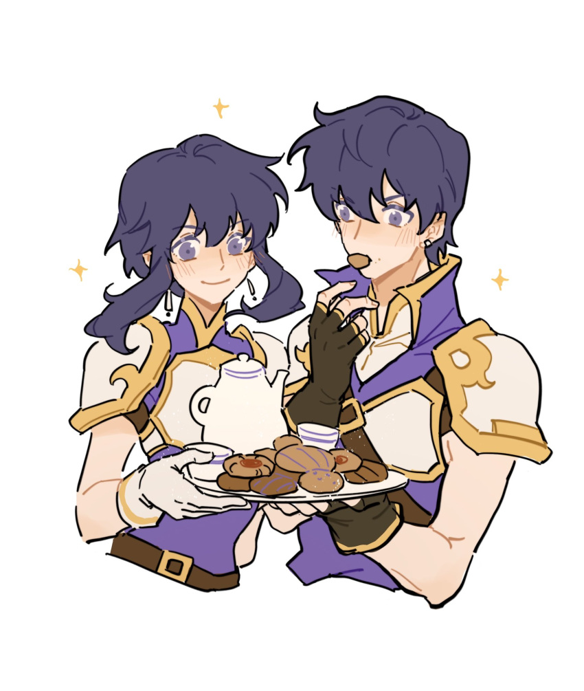 1boy, 1girl, armor, black_hair, breastplate, brother_and_sister, cookie, earrings