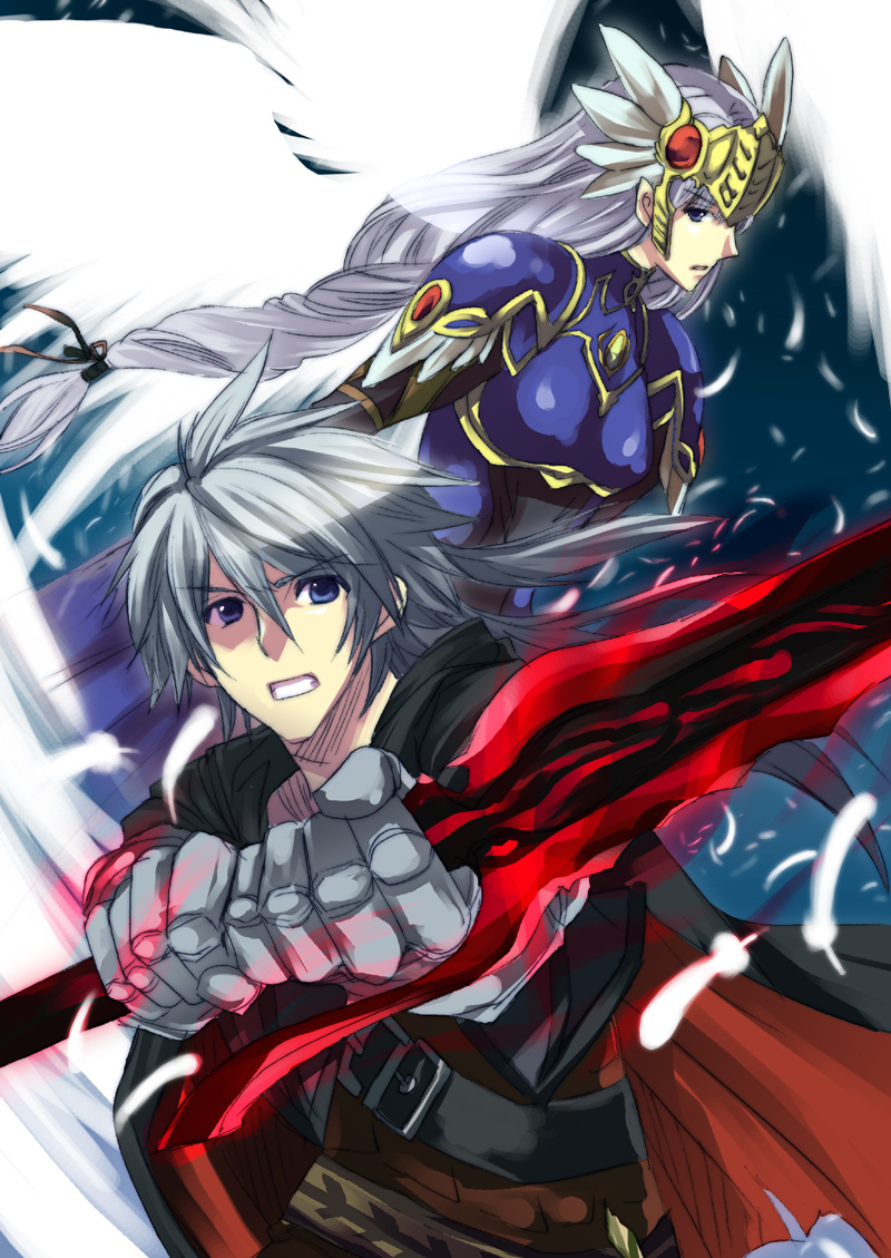 blue_eyes, braid, cape, feathers, gloves, head_wings, helmet, kosato, lenneth_valkyrie, long_hair, short_hair, silver_hair, sword, valkyrie, valkyrie_profile, valkyrie_profile_covenant_of_the_plume, very_long_hair, weapon, wings, wylfred