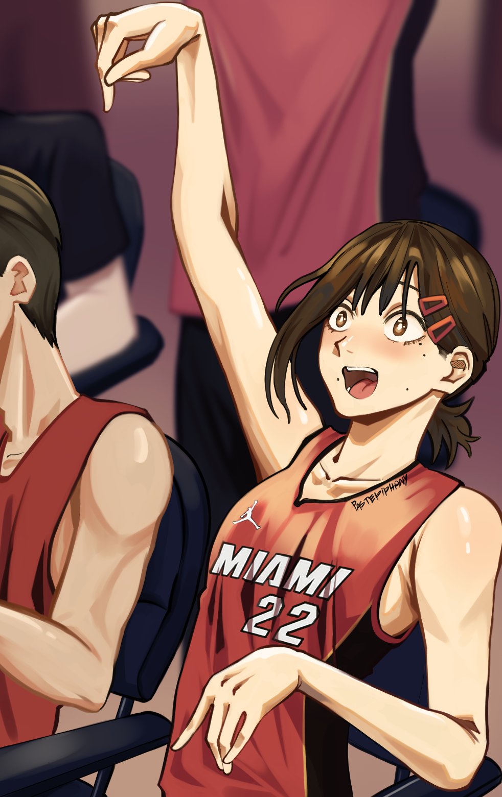 1girl, 2boys, arm_up, armpit_crease, armpit_peek, artist_name, basketball_jersey, brown_eyes