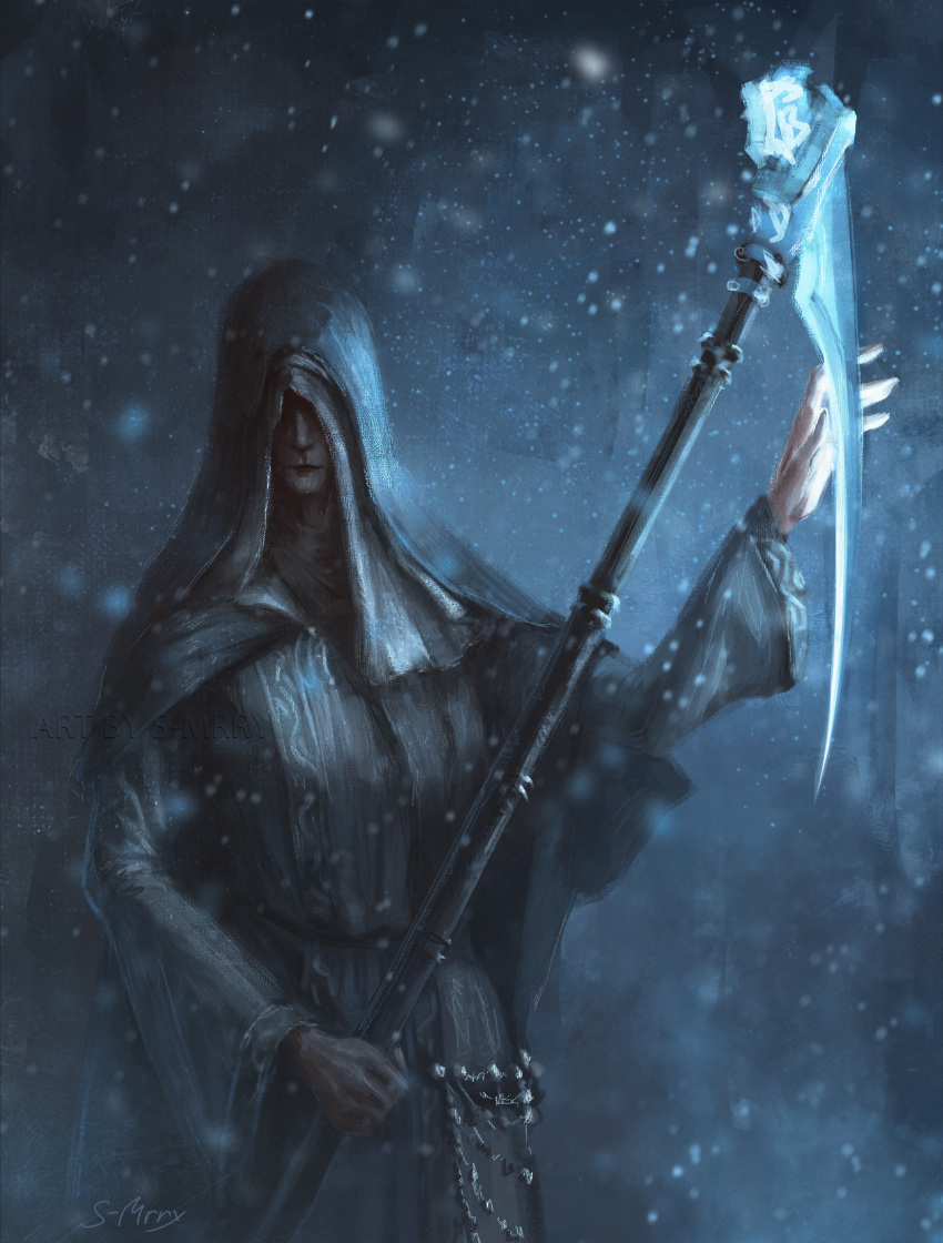 1girl, black_dress, black_hood, bloodexer, cloak, covered_eyes, dark_souls_(series), dark_souls_iii