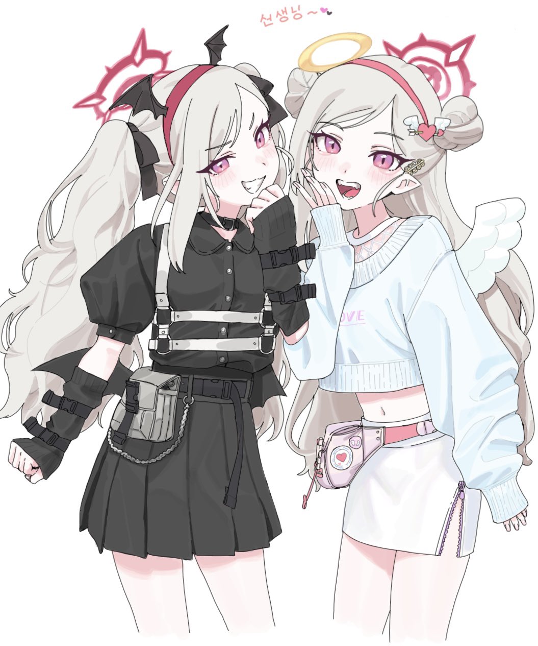 2girls, angel, belt, belt_choker, black_belt, black_skirt, blue_archive, brown_hair