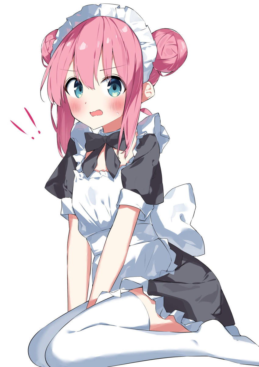 !, !!, 1girl, alternate_costume, apron, black_dress, blue_eyes, blush, bocchi_the_rock!, double_bun, dress, enmaided, frilled_dress, frills, gotoh_hitori, hair_between_eyes, hair_bun, highres, long_hair, maid, maid_apron, maid_headdress, open_mouth, pink_hair, simple_background, solo, suta0822, thigh-highs, white_apron, white_background, white_thighhighs