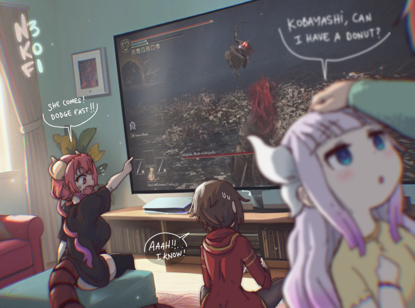 4girls, artist_name, black_dress, black_thighhighs, blue_eyes, brown_hair, dragon_girl, dragon_horns, dress, elden_ring, english_text, game_console, highres, horns, ilulu_(maidragon), indoors, kanna_kamui, kobayashi-san_chi_no_maidragon, kobayashi_(maidragon), kono_subarashii_sekai_ni_shukufuku_wo!, long_hair, megumin, multiple_girls, n3k, pink_hair, playing_games, playstation_5, red_dress, red_eyes, redhead, shirt, short_hair, television, thigh-highs, white_horns, yellow_horns, yellow_shirt