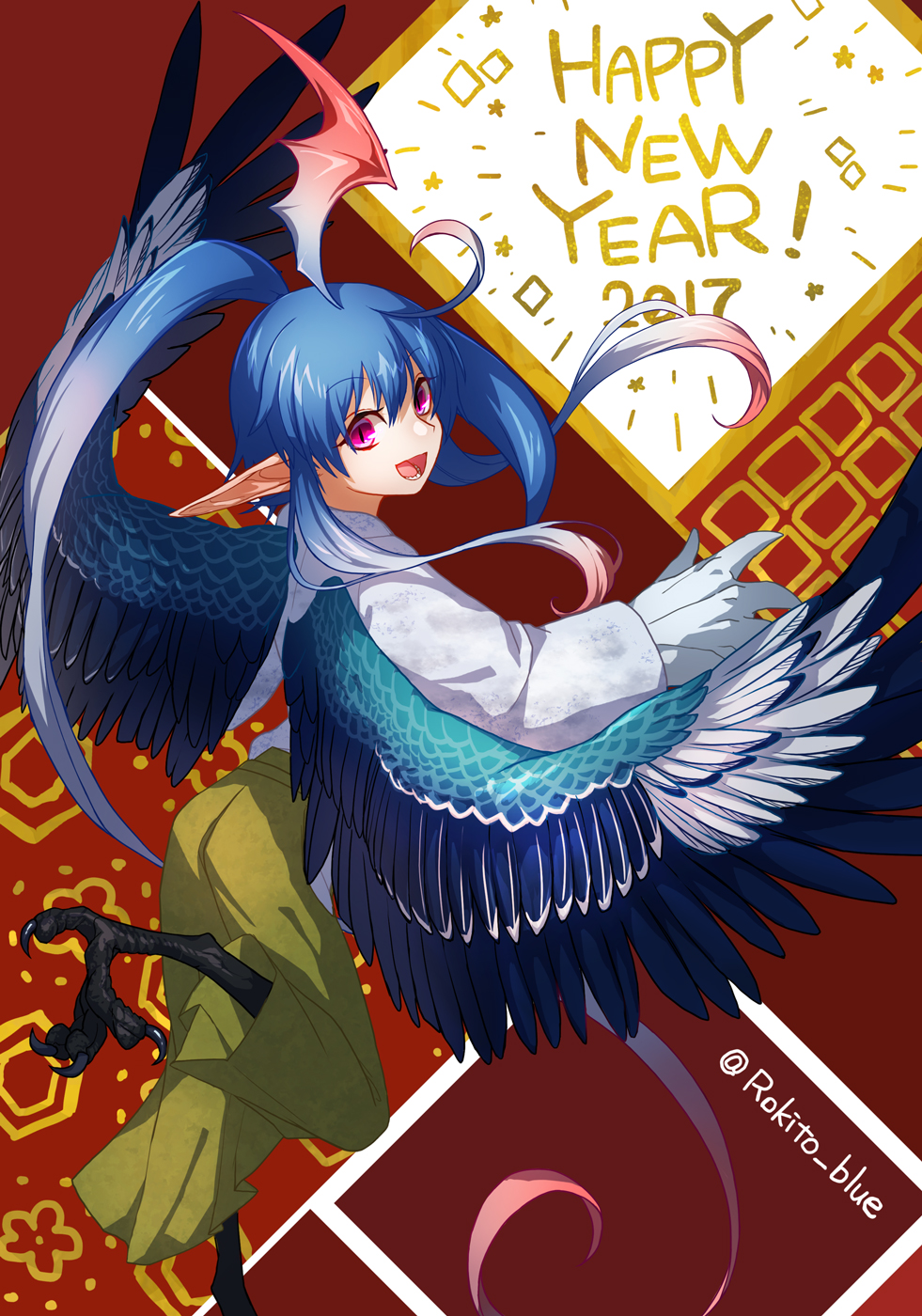 1boy, 2017, ahoge, animal_feet, artist_name, bird_legs, bird_wings, blue_hair