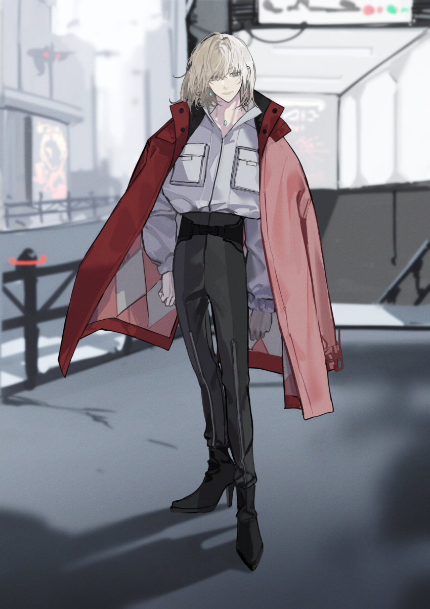 1boy, black_footwear, black_pants, blonde_hair, blue_eyes, boots, cityscape, earrings