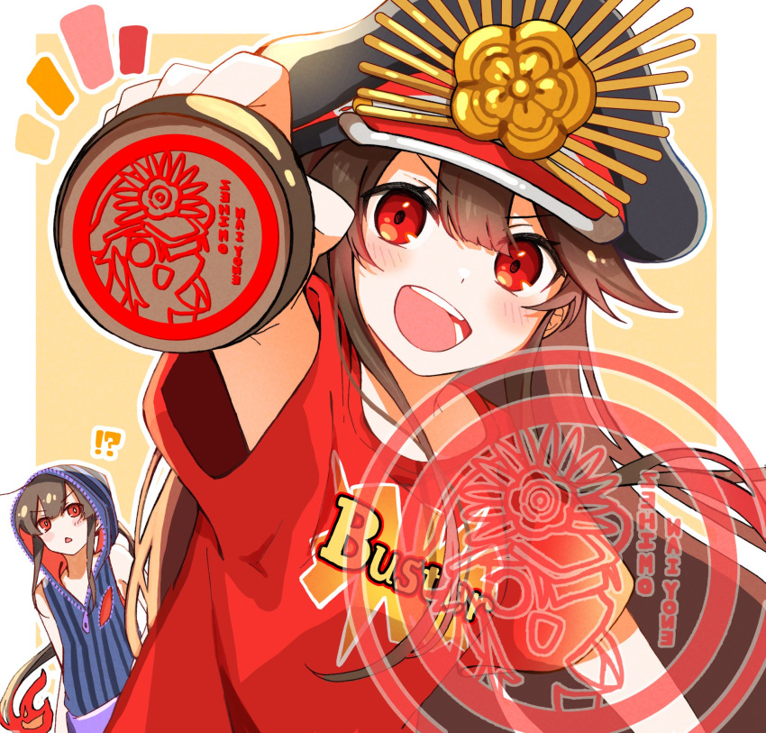 1boy, 1girl, blush, buster_shirt, clothes_writing, family_crest, fate/grand_order, fate_(series), fiery_hair, hair_between_eyes, hat, hi_(wshw5728), highres, hood, hoodie, ink_stamp, long_hair, military_hat, mini_nobu_(fate), oda_nobukatsu_(fate), oda_nobunaga_(fate), oda_uri, open_mouth, otoko_no_ko, peaked_cap, red_eyes, shirt, short_sleeves, simple_background, sleeveless, smile, t-shirt, very_long_hair