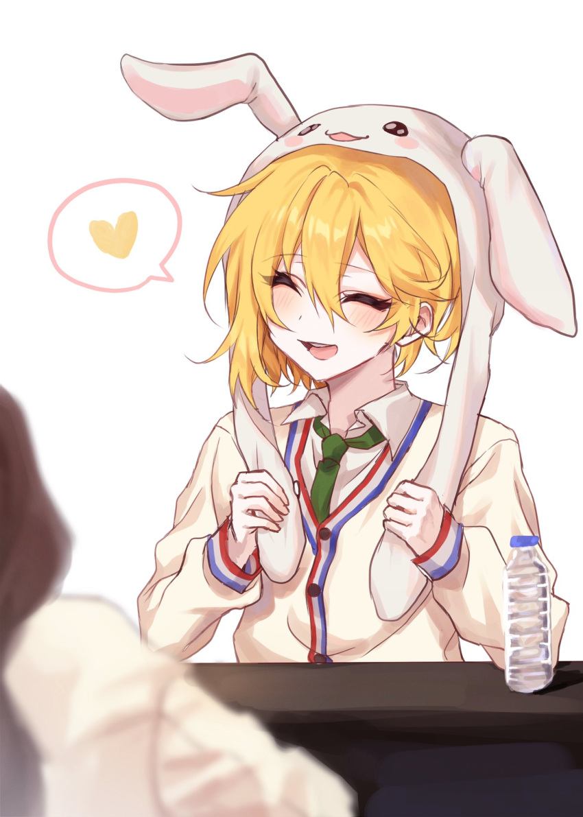 1boy, 1girl, androgynous, animal_ears, animal_hat, anzu_(ensemble_stars!), blonde_hair, bottle