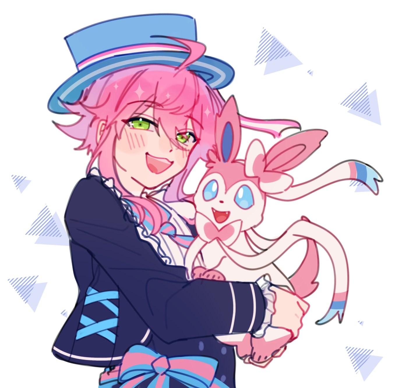 2boys, androgynous, black_jacket, black_shorts, blush, ensemble_stars!, green_eyes, grey_background, highres, himemiya_tori, jacket, long_sleeves, male_focus, multiple_boys, official_alternate_costume, open_mouth, pink_hair, pokemon, pokemon_(creature), shirokumun, shirt, shorts, smile, soukai_kagayaku_shinjitsu_no_atlantis_(ensemble_stars!), sylveon, teeth, tongue, white_shirt