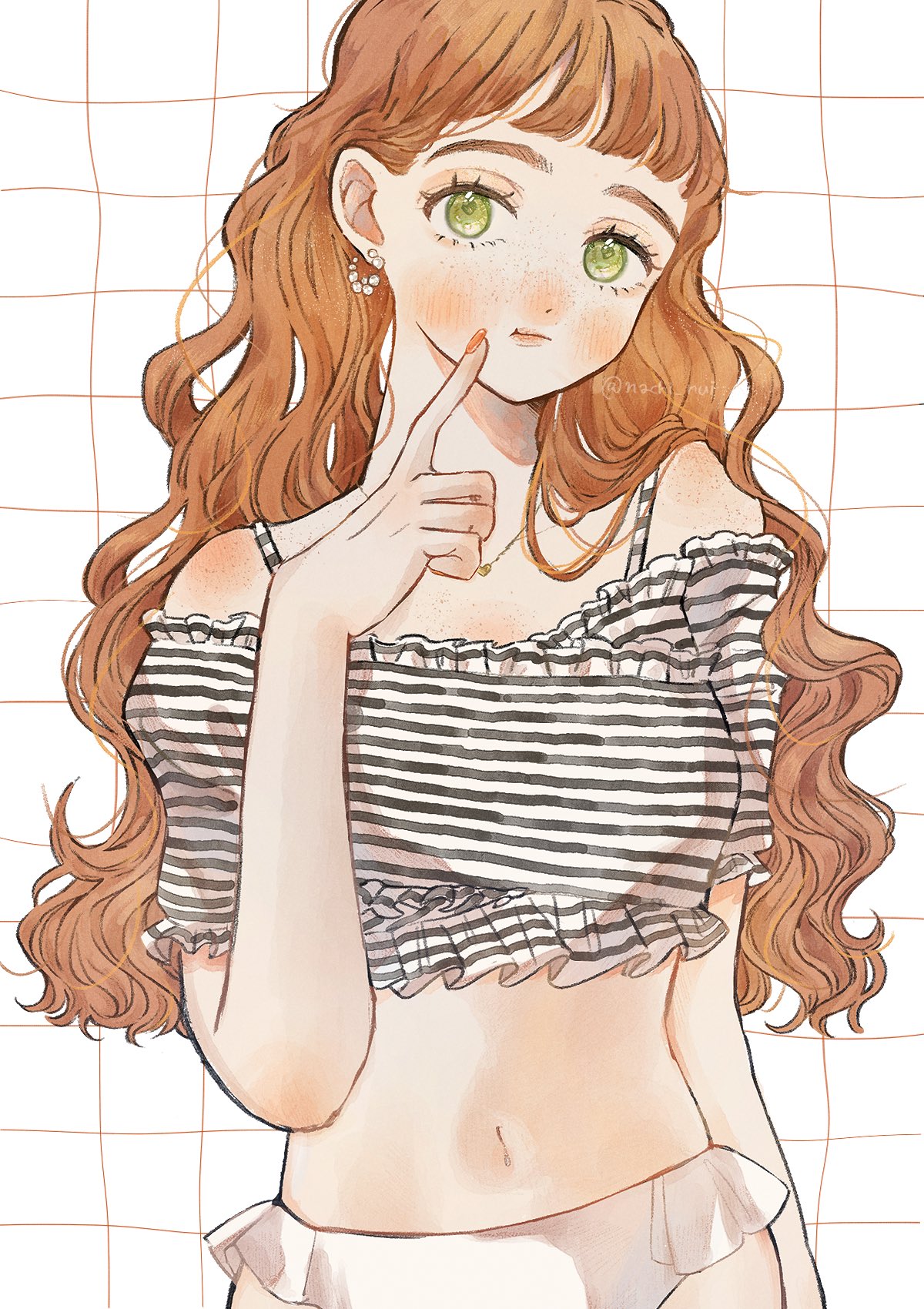 1girl, :t, bikini, blush, body_freckles, earrings, eyelashes, freckles