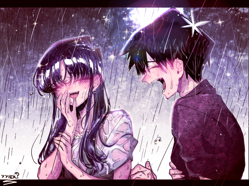 1boy, 1girl, black_hair, closed_eyes, happy, highres, komi-san_wa_komyushou_desu, komi_shouko