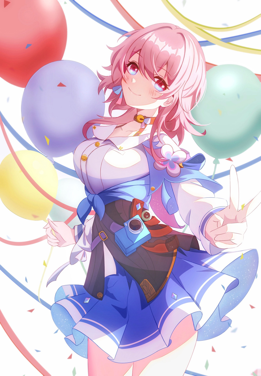 1girl, absurdres, badge, balloon, black_choker, black_corset, blue_eyes, blue_jacket