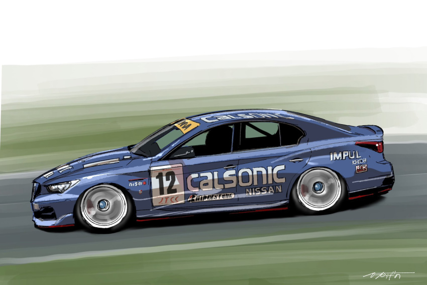 artist_name, car, from_side, highres, hikageno, japanese_touring_car_championship, motion_blur, motor_vehicle, nissan, nissan_skyline, nissan_skyline_v37, no_humans, original, race_vehicle, racecar, vehicle_focus