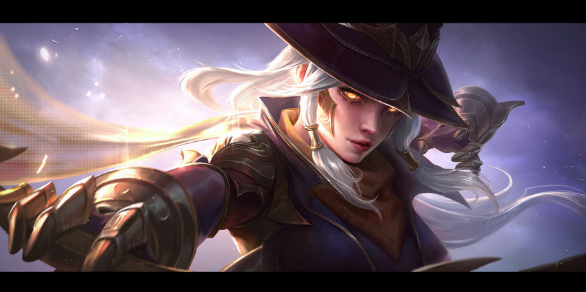 1girl, ashe_(league_of_legends), black_border, border, brown_headwear, closed_mouth, clouds, cloudy_sky, cowboy_hat, english_text, floating_hair, gloves, glowing, glowing_eyes, hat, high_noon_ashe, highres, league_of_legends, light, long_hair, looking_at_viewer, metal_gloves, official_alternate_costume, outdoors, sky, solo, white_hair, yc_jun, yellow_eyes
