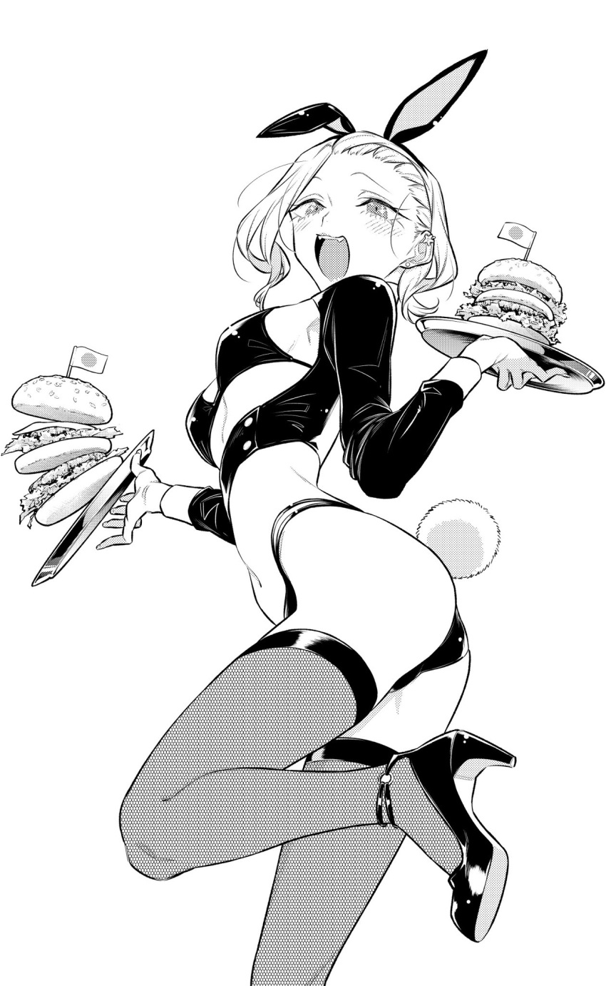 1girl, animal_ears, anjou_(yancha_gal), bikini, blush, burger, ear_piercing, fake_animal_ears