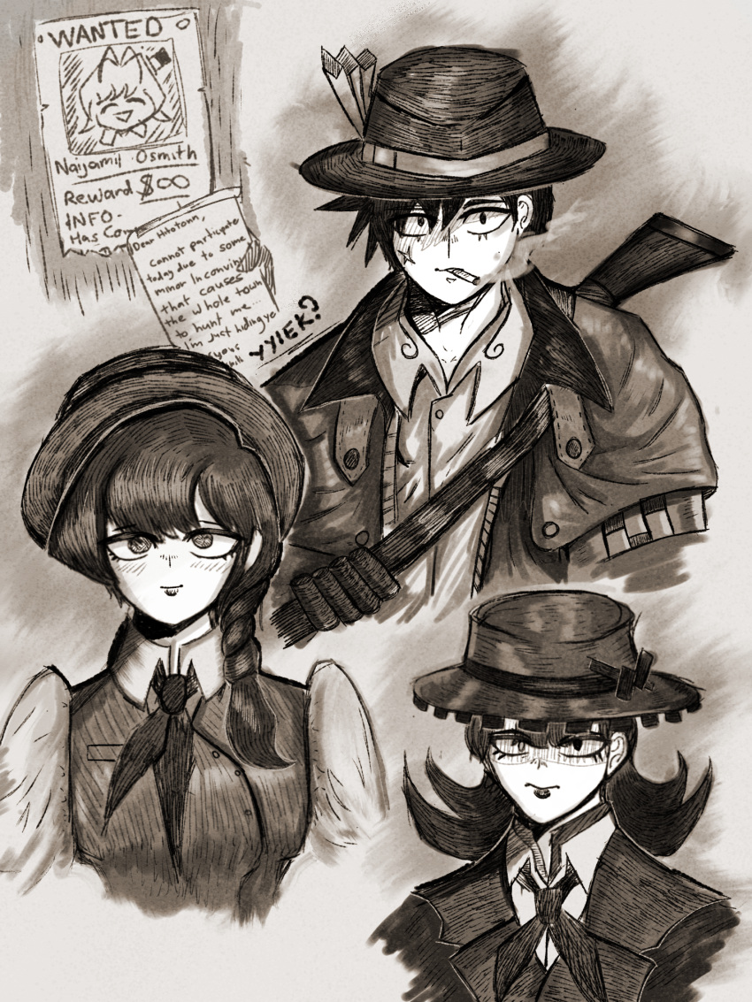 1boy, 2girls, alternate_costume, cowboy, cowboy_hat, cowboy_western, hat, highres