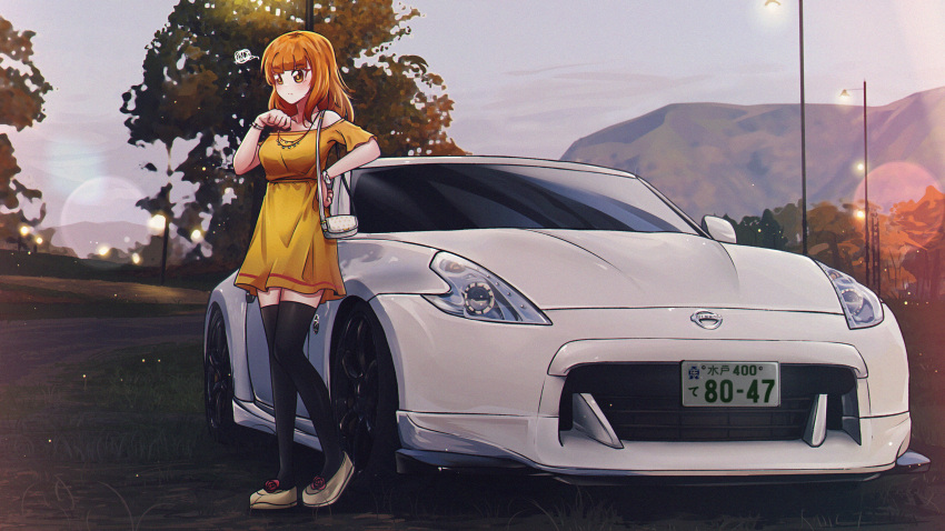 1girl, absurdres, bag, bare_shoulders, black_thighhighs, blunt_bangs, car, casual