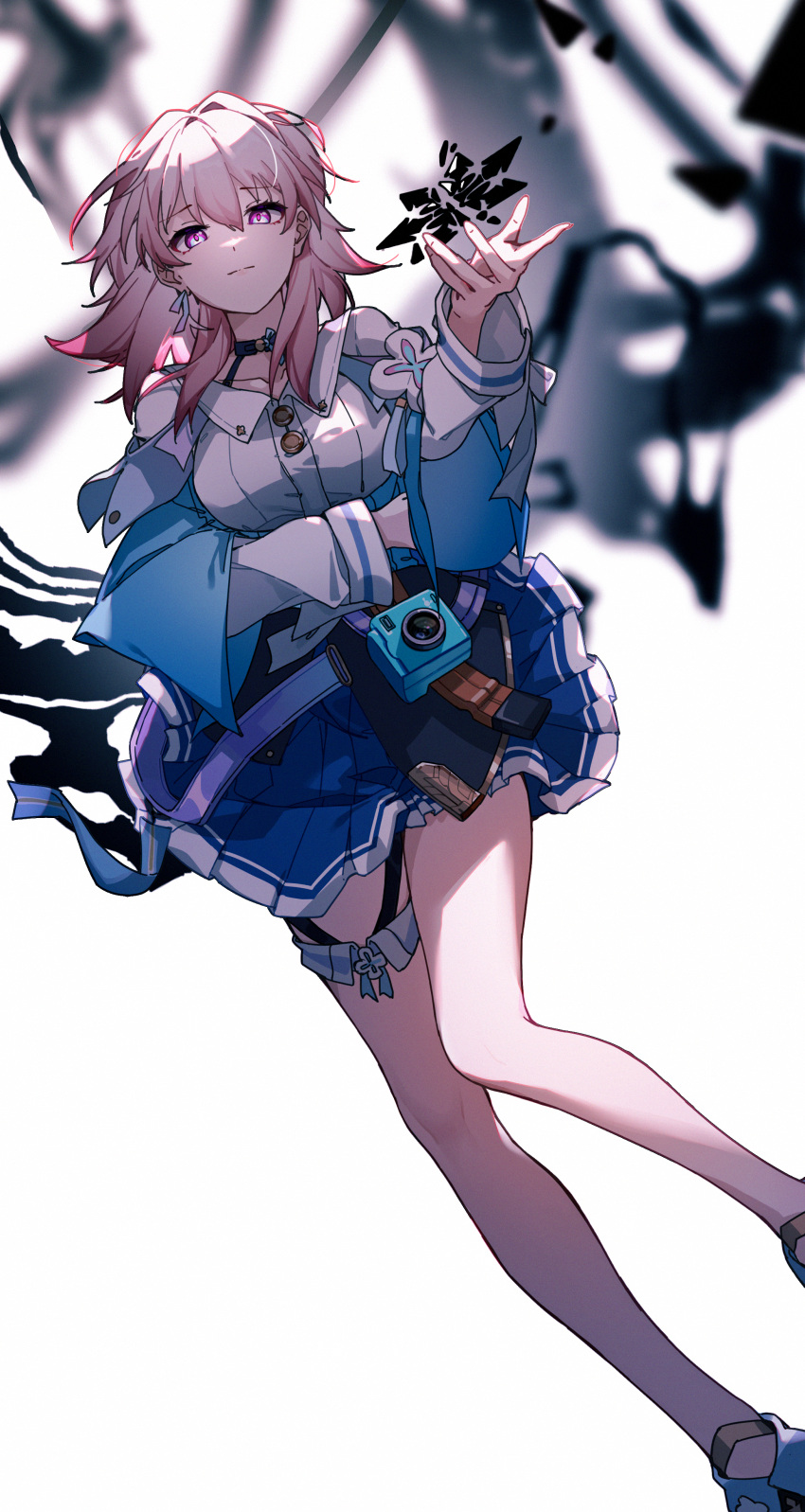 1girl, absurdres, arm_under_breasts, bare_legs, black_choker, black_corset, black_footwear, blue_eyes