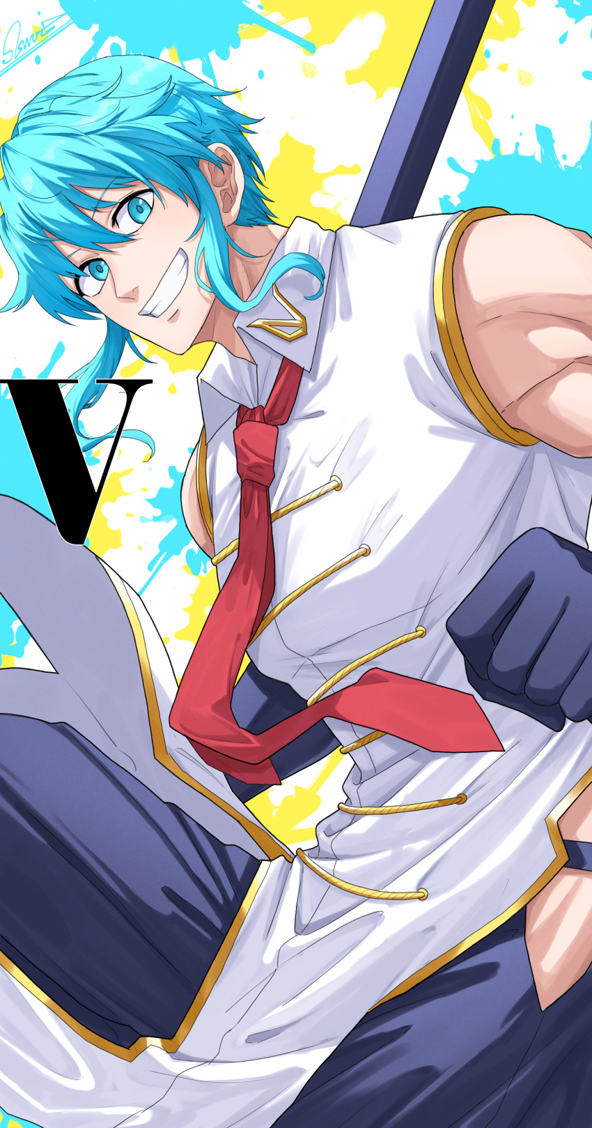 1boy, absurdres, black_pants, blue_eyes, blue_hair, chinese_clothes, clenched_hand, gloves