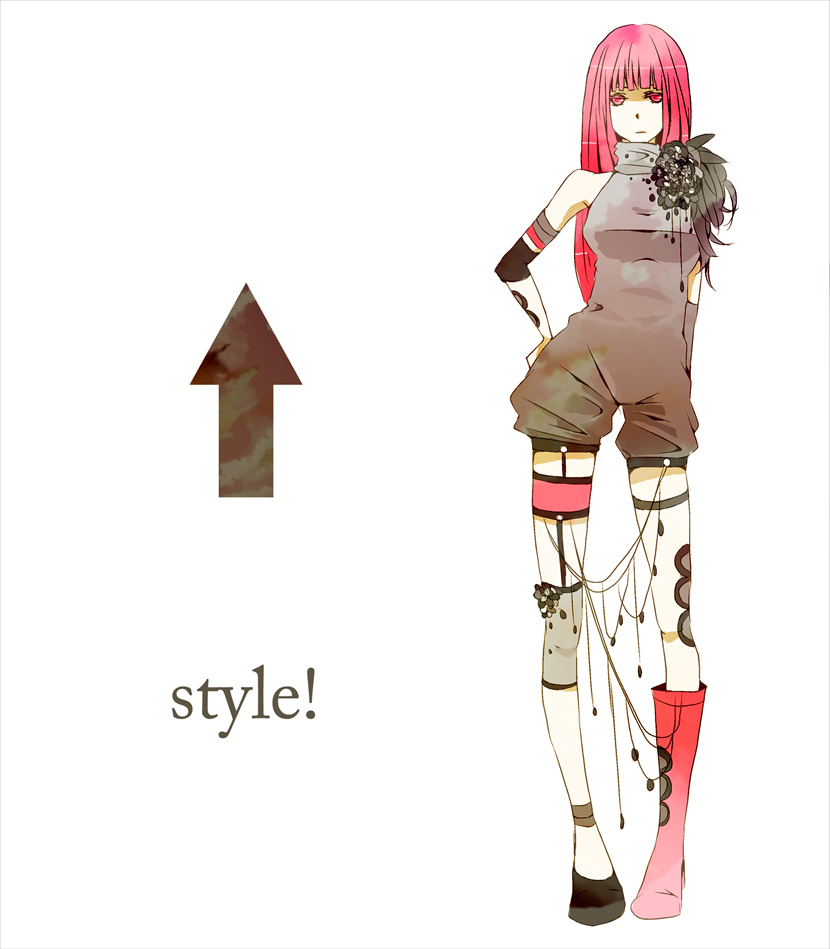 asymmetrical_clothes, boots, caprico, fashion, hime_cut, legs, long_hair, megurine_luka, mismatched_footwear, pink_eyes, pink_hair, shoes, simple_background, solo, vocaloid