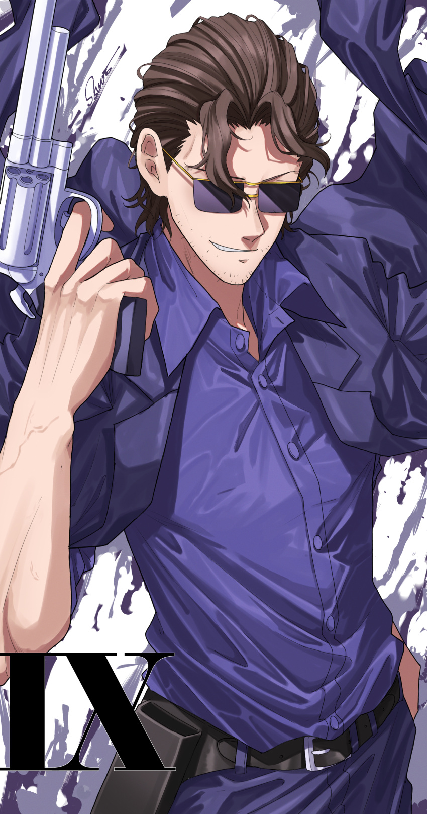 1boy, absurdres, belt, billy_alfred, black_jacket, brown_hair, facial_hair, facing_viewer