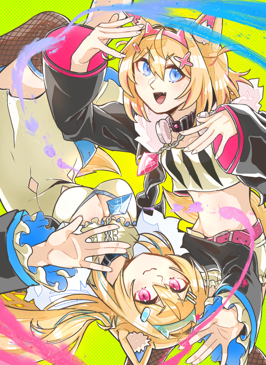 2girls, :3, :d, \||/, animal_collar, animal_ear_fluff, animal_ears, arm_up