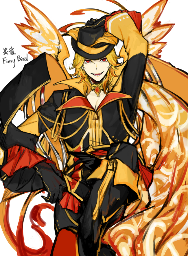 1boy, adjusting_clothes, adjusting_headwear, arm_up, black_coat, black_footwear, black_gloves, black_headwear, black_pants, blonde_hair, boots, coat, fiery_wings, firebird_(lobotomy_corporation), frilled_sleeves, frills, gloves, gold_trim, grin, jewelry, lobotomy_corporation, long_sleeves, necklace, nishikujic, pants, personification, project_moon, red_eyes, simple_background, smile, solo, thigh_boots, white_background, wings