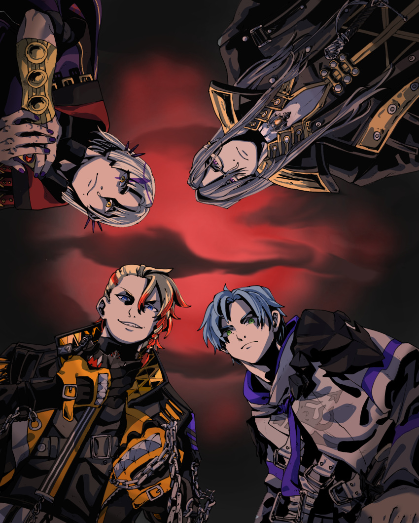 4boys, axel_syrios, belt, belt_buckle, black_coat, black_gloves, black_jacket, black_shirt