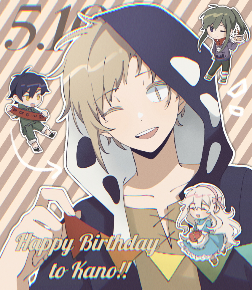 2boys, 2girls, apron, birthday_cake, black_hair, black_hoodie, blue_dress, blurry