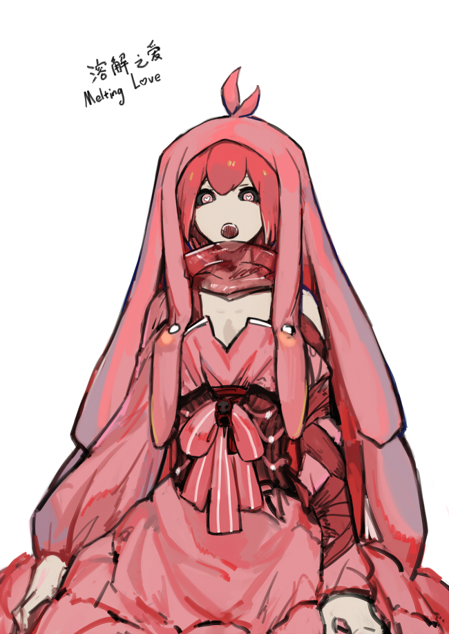 1girl, antenna_hair, black_sclera, bow, character_name, colored_sclera, dress, heart