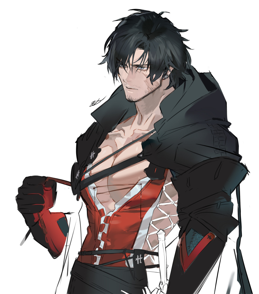 1boy, absurdres, beard_stubble, black_cape, black_hair, blue_eyes, cape, clive_rosfield, facial_hair, final_fantasy, final_fantasy_xvi, gloves, highres, male_focus, mao_qiu_mao_qiu, scar, shirt, short_hair, square_enix, upper_body