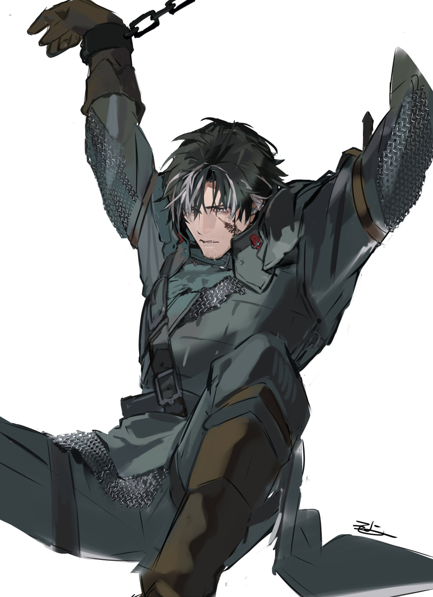 1boy, absurdres, beard_stubble, black_hair, blue_eyes, clive_rosfield, facial_hair, final_fantasy, final_fantasy_xvi, gloves, highres, male_focus, mao_qiu_mao_qiu, simple_background, square_enix, tattoo, tears