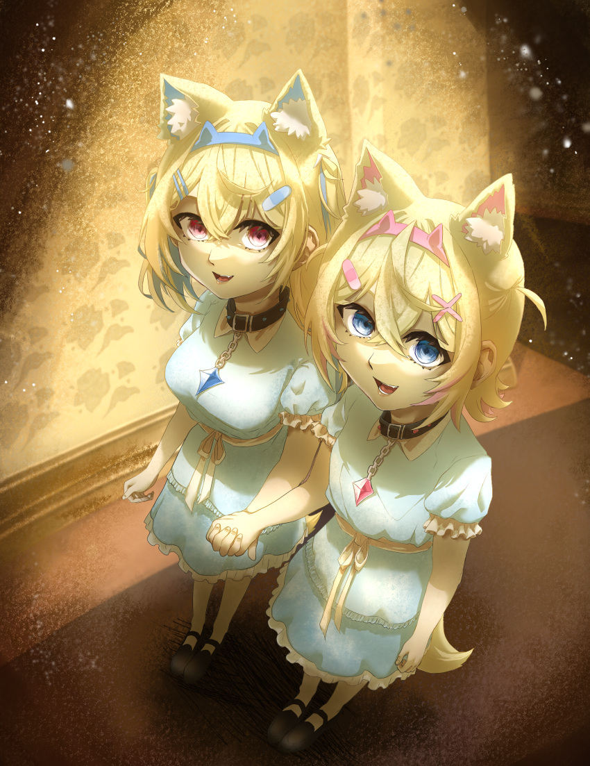 2girls, :d, absurdres, animal_collar, animal_ears, bandaid_hair_ornament, black_collar, blonde_hair