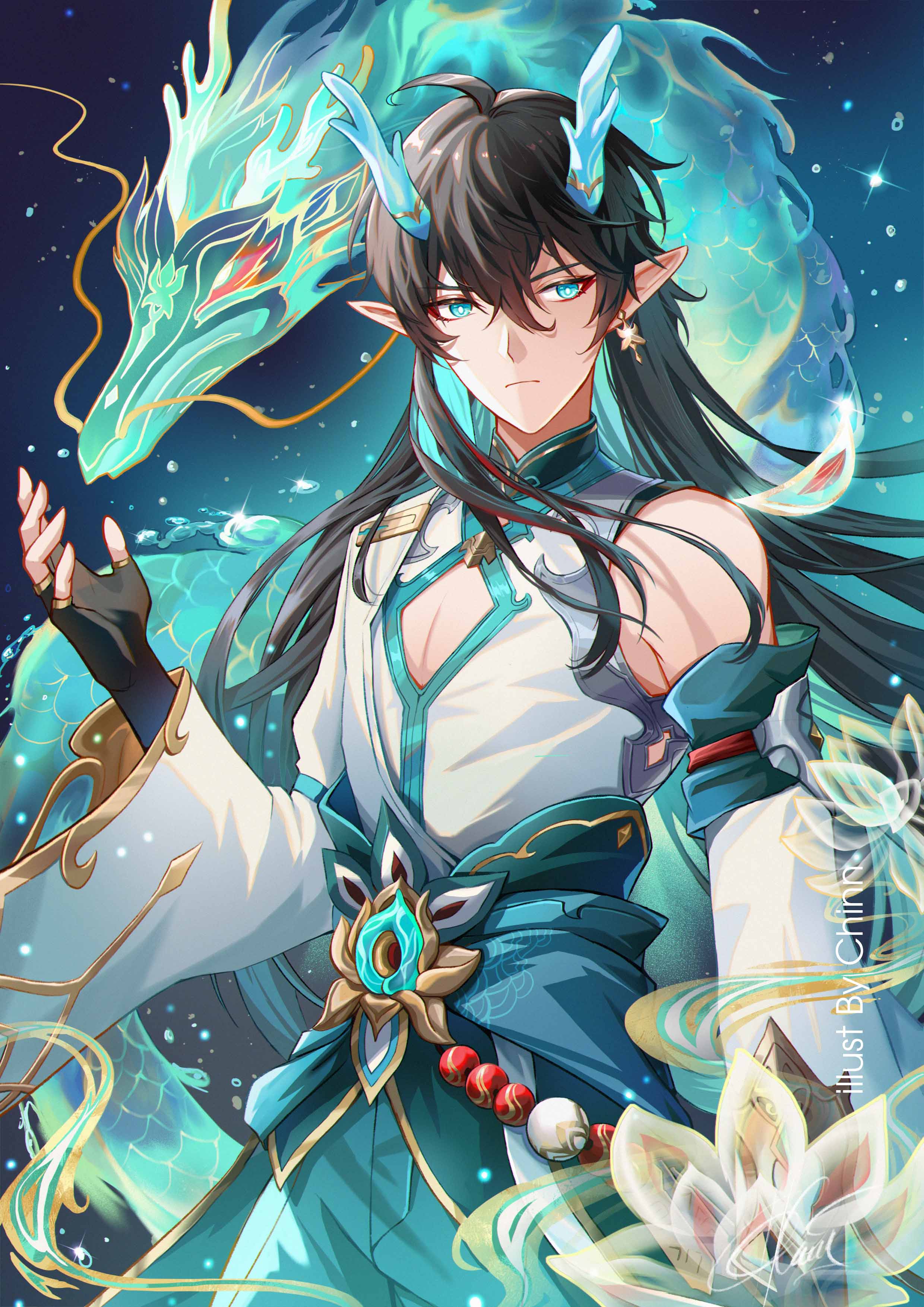 1boy, absurdres, bare_shoulders, black_gloves, black_hair, black_pants, chinese_clothes, chinnpou