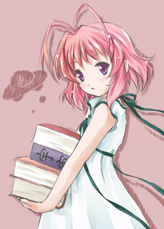 baby_princess, blush, book, carrying, dress, fubuki_(baby_princess), pink_hair, purple_eyes