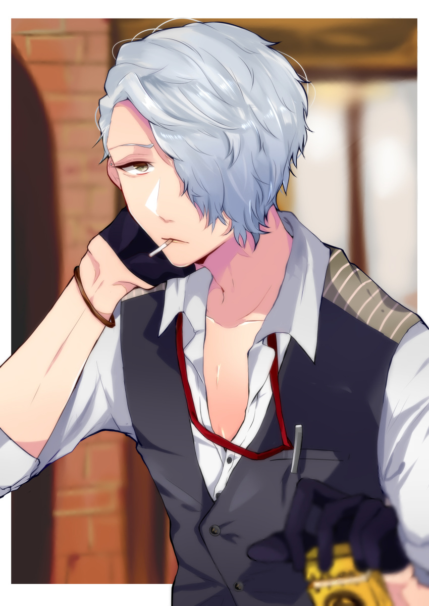 1boy, absurdres, black_gloves, black_vest, blurry, blurry_background, brown_eyes, bustafellows