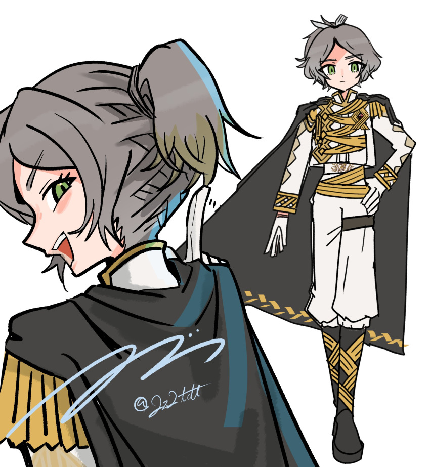 1girl, black_footwear, boots, cape, closed_mouth, denonbu, epaulettes, from_behind