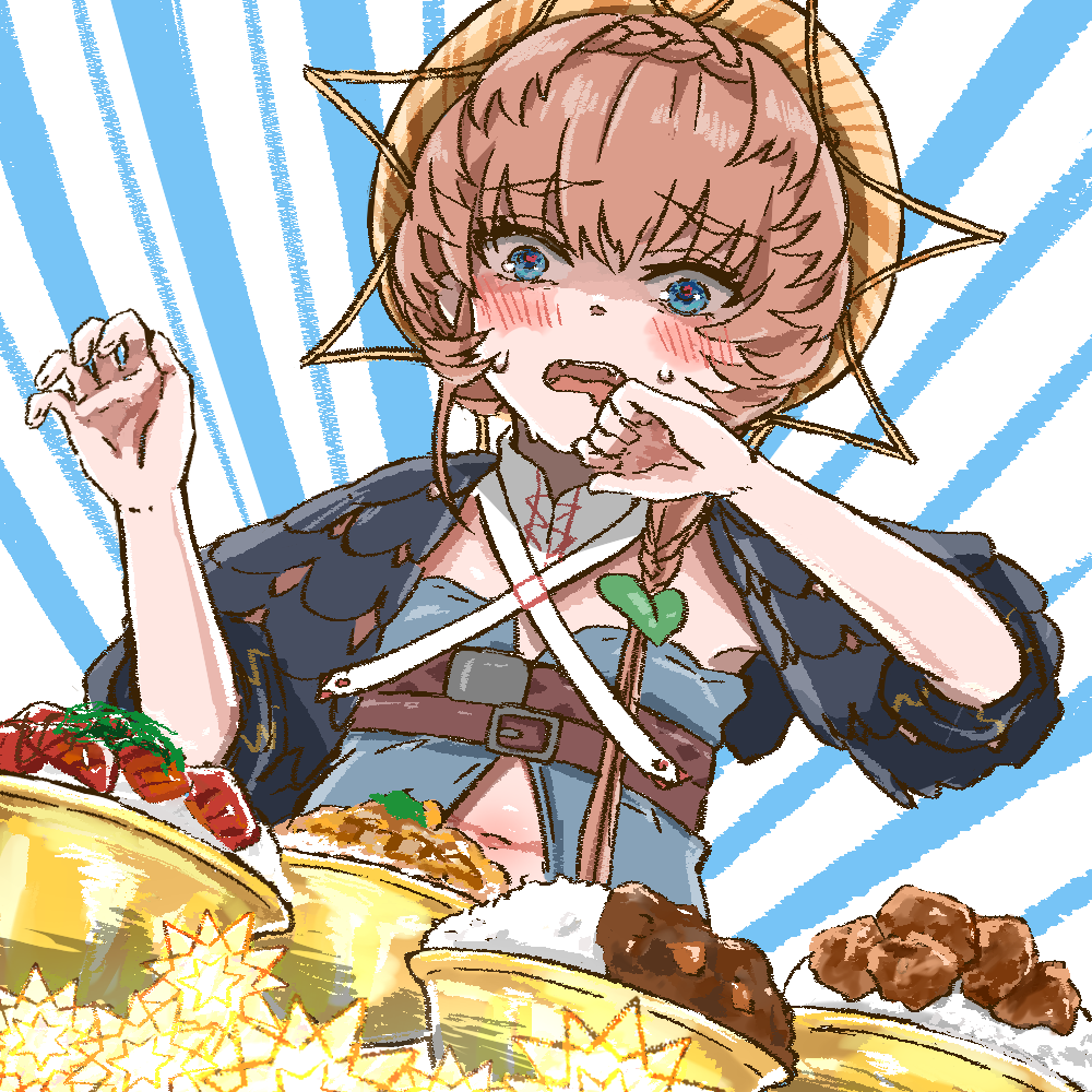 1girl, belt, black_sleeves, blue_eyes, blue_overalls, blush, bowl, braid, brown_hair, buckle, clothing_cutout, crown_braid, fangs, fate/grand_order, fate_(series), food, hand_up, navel, navel_cutout, open_mouth, orange_headwear, overalls, puffy_sleeves, red_pubic_hair, rice, shimogamo_(shimomo_12), side_braid, solo, striped, striped_headwear, sweatdrop, teeth, tongue, upper_body, van_gogh_(fate)
