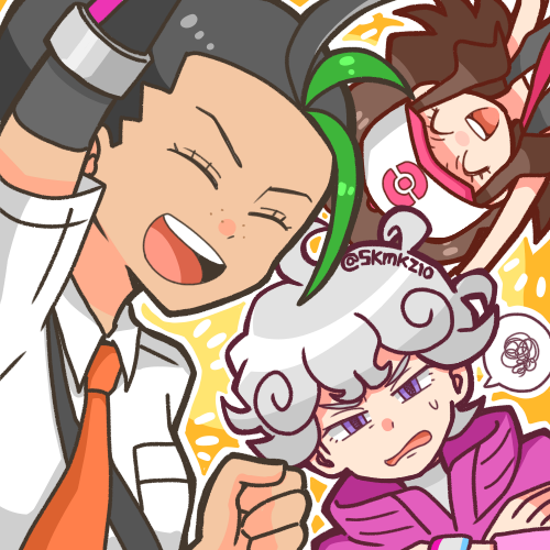 1boy, 2girls, annoyed, baseball_cap, bede_(pokemon), black_hair, brown_hair, closed_eyes