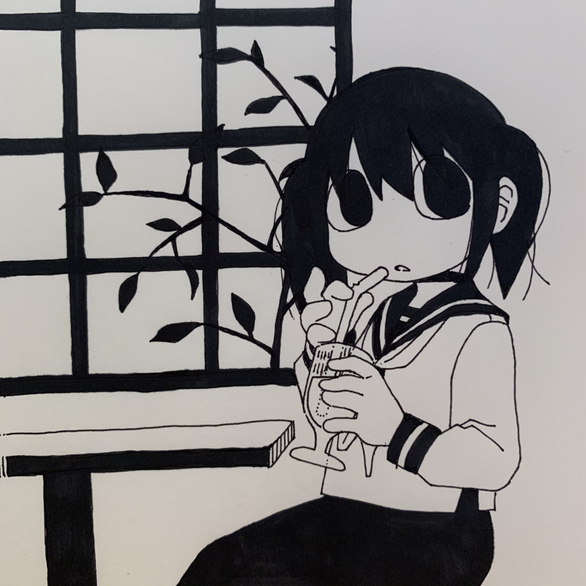 1girl, absurdres, black_eyes, branch, collared_shirt, cup, drinking_straw, explosion_psycho