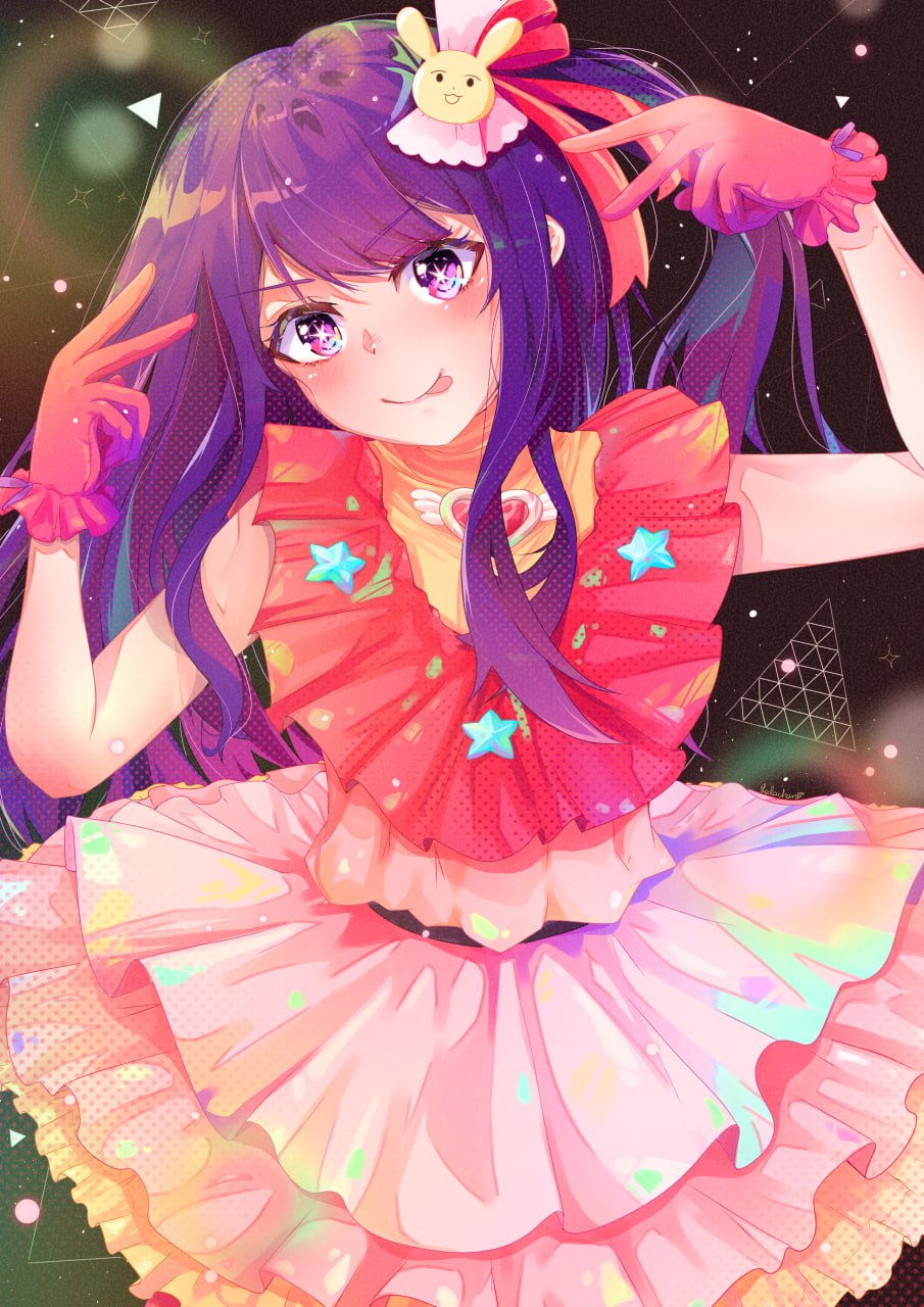 1girl, arms_up, double_v, dress, frilled_dress, frilled_gloves, frills, gloves