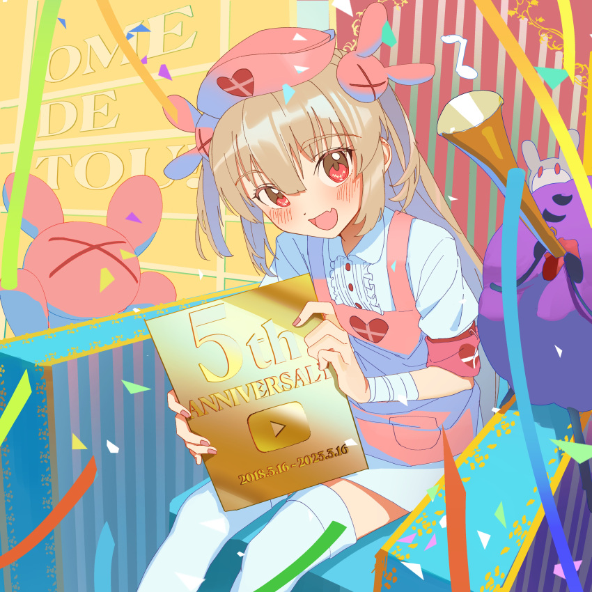 >_<, 1girl, :d, absurdres, anniversary, apron, bandaged_arm, bandaged_wrist, bandages, blonde_hair, blush, center_frills, collared_dress, commentary_request, confetti, dress, fang, frills, hair_ornament, hat, heart, heart_print, highres, holding_plaque, jdge, long_hair, looking_at_viewer, nail_polish, natori_sana, nurse_cap, open_mouth, pink_apron, pink_headwear, pocket, puffy_short_sleeves, puffy_sleeves, rabbit_hair_ornament, red_eyes, red_nails, safety_pin, sana_channel, short_sleeves, sitting, skin_fang, smile, solo, stuffed_animal, stuffed_rabbit, stuffed_toy, thigh-highs, two_side_up, virtual_youtuber, white_dress, white_thighhighs, youtube_creator_award