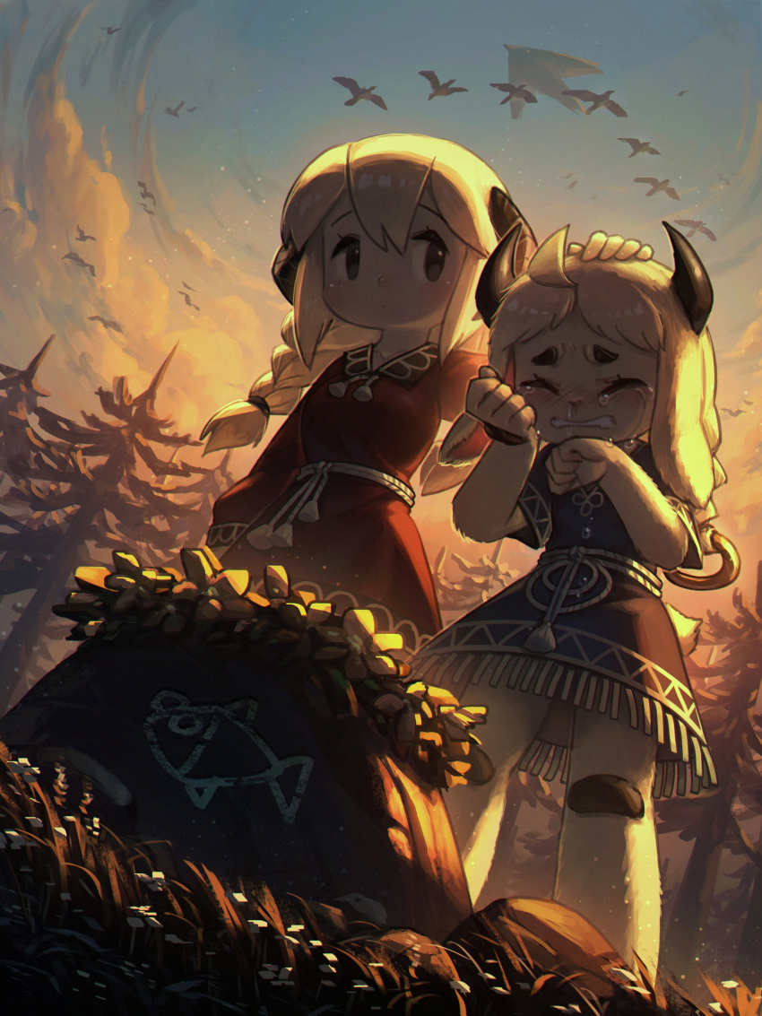 2girls, absurdres, ahoge, animal_ears, bird, black_eyes, braid, clouds