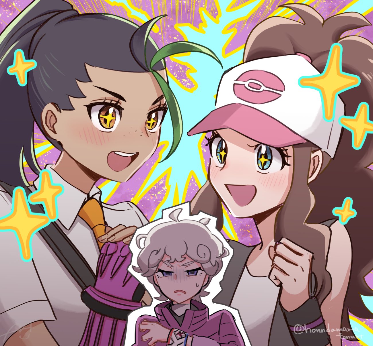 1boy, 2girls, annoyed, baseball_cap, bede_(pokemon), black_hair, blue_hair, brown_hair