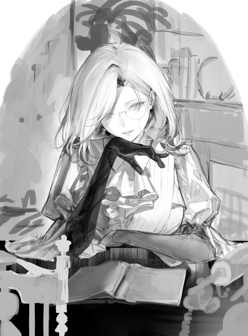 1girl, ascot, black_gloves, book, dreya_(path_to_nowhere), elbow_gloves, glass, gloves