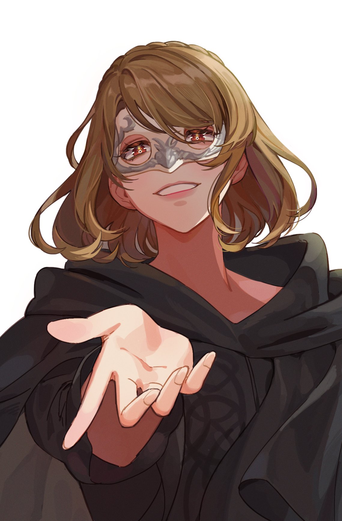 1girl, athena_(ff14), black_capelet, braid, bright_pupils, brown_hair, capelet, commentary, crown_braid, english_commentary, eye_mask, final_fantasy, final_fantasy_xiv, from_below, grin, hand_up, highres, hood, hood_down, hooded_capelet, looking_at_viewer, portrait, reaching, reaching_towards_viewer, red_eyes, seabed_stars, short_hair, simple_background, single_braid, smile, solo, swept_bangs, white_background, white_pupils