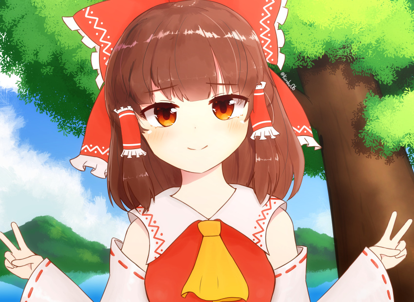 1girl, absurdres, ascot, blue_sky, bow, brown_hair, detached_sleeves, double_v