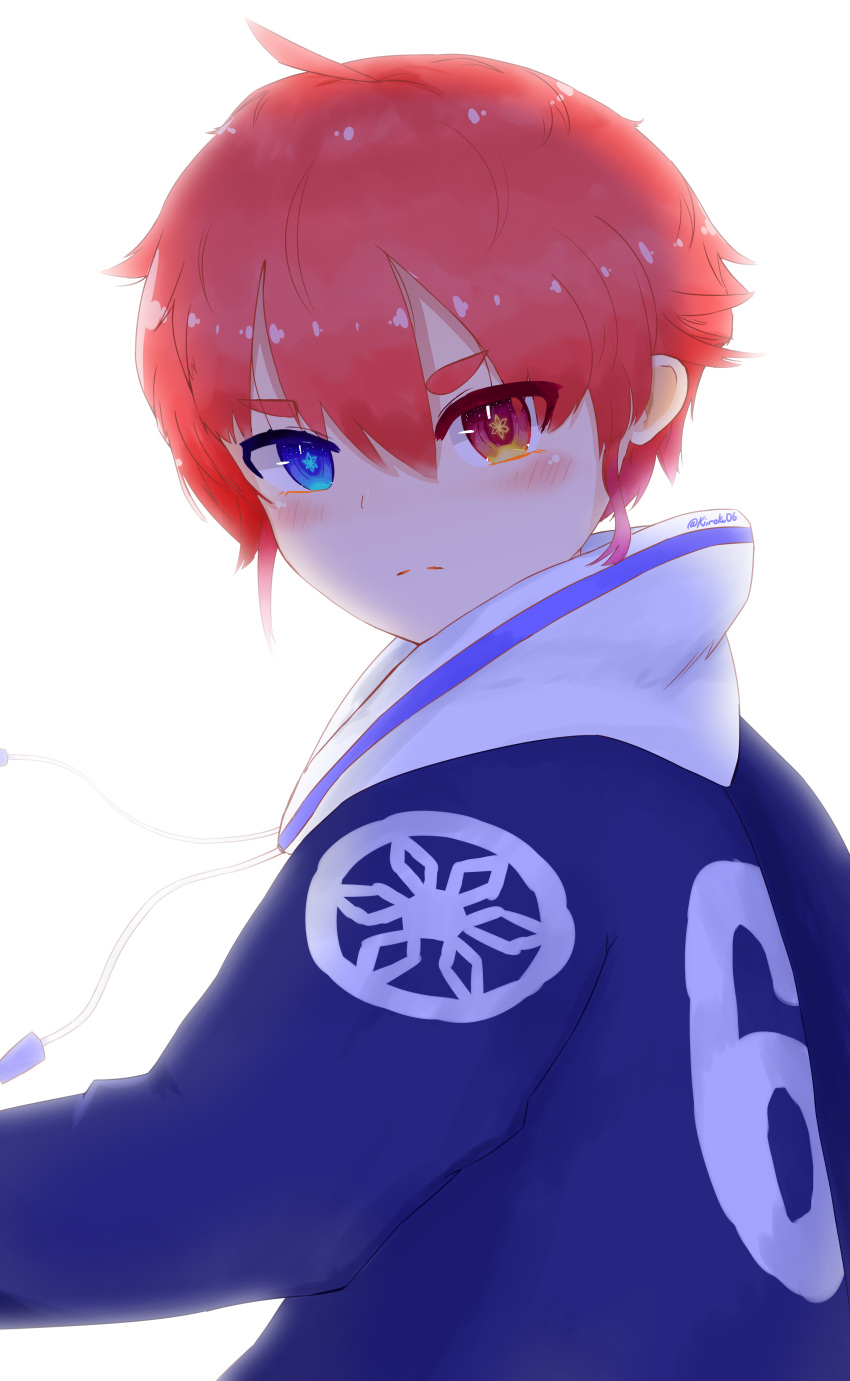 1boy, absurdres, blue_eyes, blue_hood, hatsuyuki_kiiroku, heterochromia, highres, hood